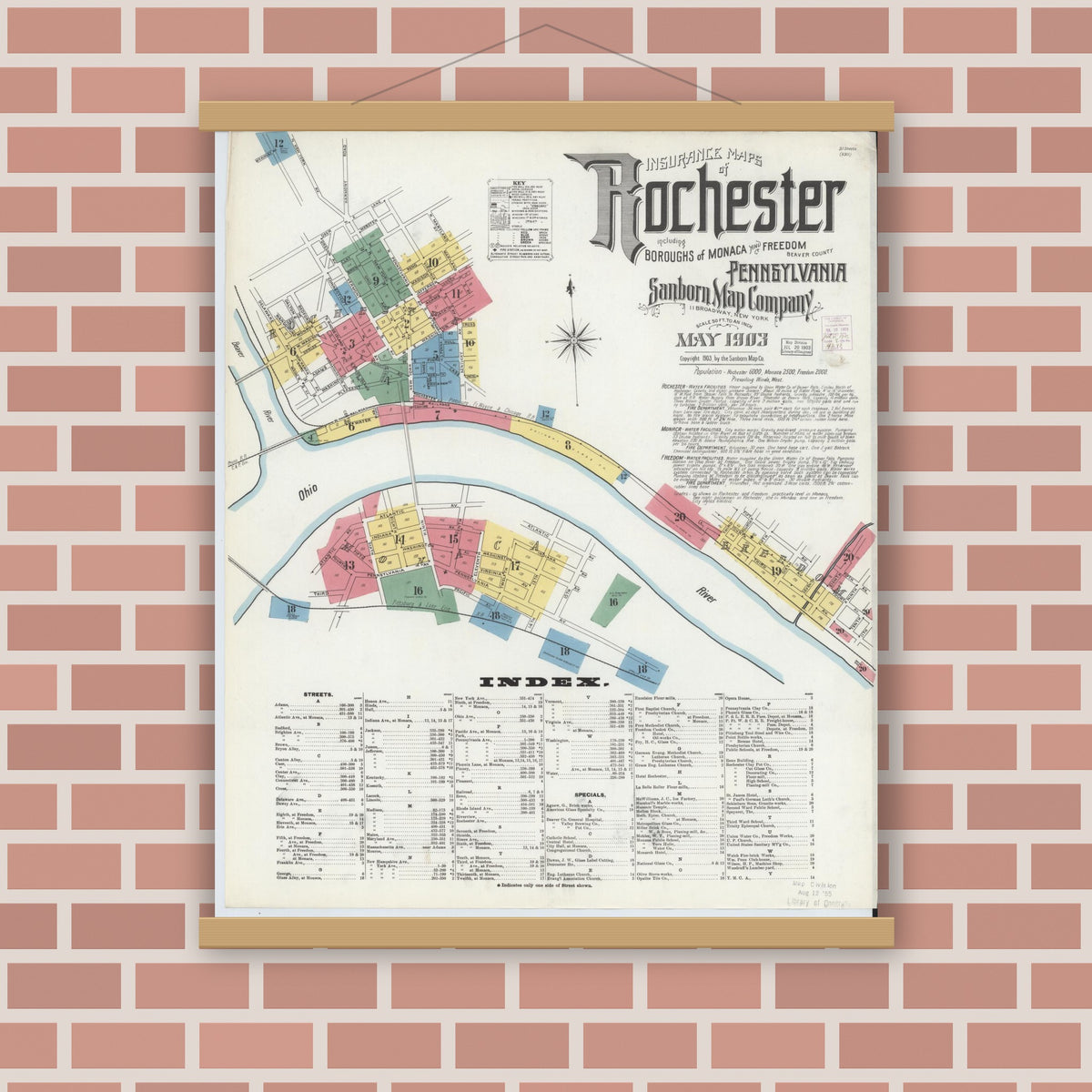 Old map wall art mockup — magnetic wood frame on brick wall — Sanborn Fire Insurance Map from Rochester, Beaver County, Pennsylvania (1903) - Complete Map Set