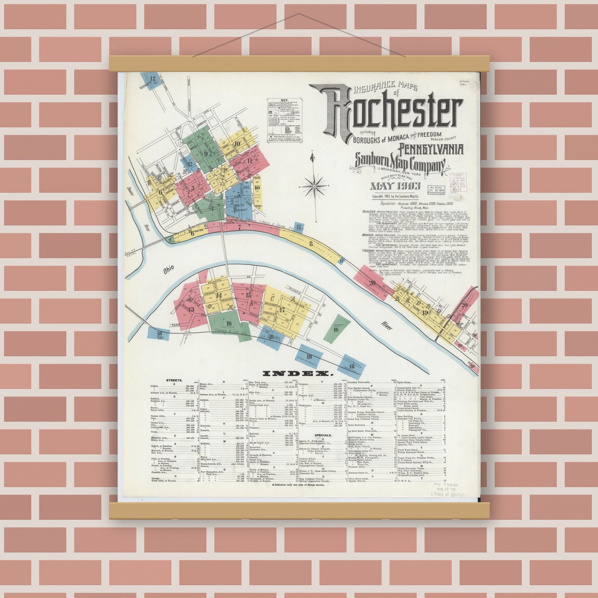 Old map wall art mockup — magnetic wood frame on brick wall — Sanborn Fire Insurance Map from Rochester, Beaver County, Pennsylvania (1903) - Complete Map Set