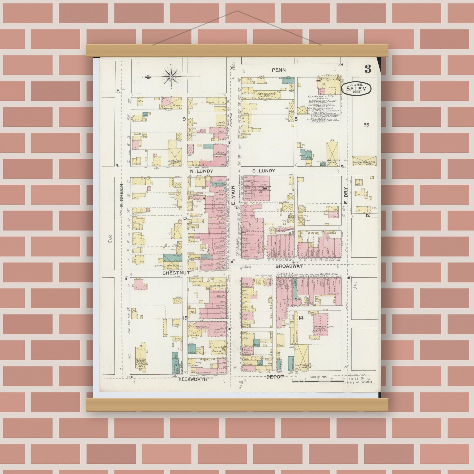 Old map wall art mockup — magnetic wood frame on brick wall — Sanborn Fire Insurance Map from Salem, Columbiana County, Ohio (1892), Sheet #0003