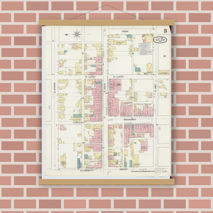 Old map wall art mockup — magnetic wood frame on brick wall — Sanborn Fire Insurance Map from Salem, Columbiana County, Ohio (1892), Sheet #0003
