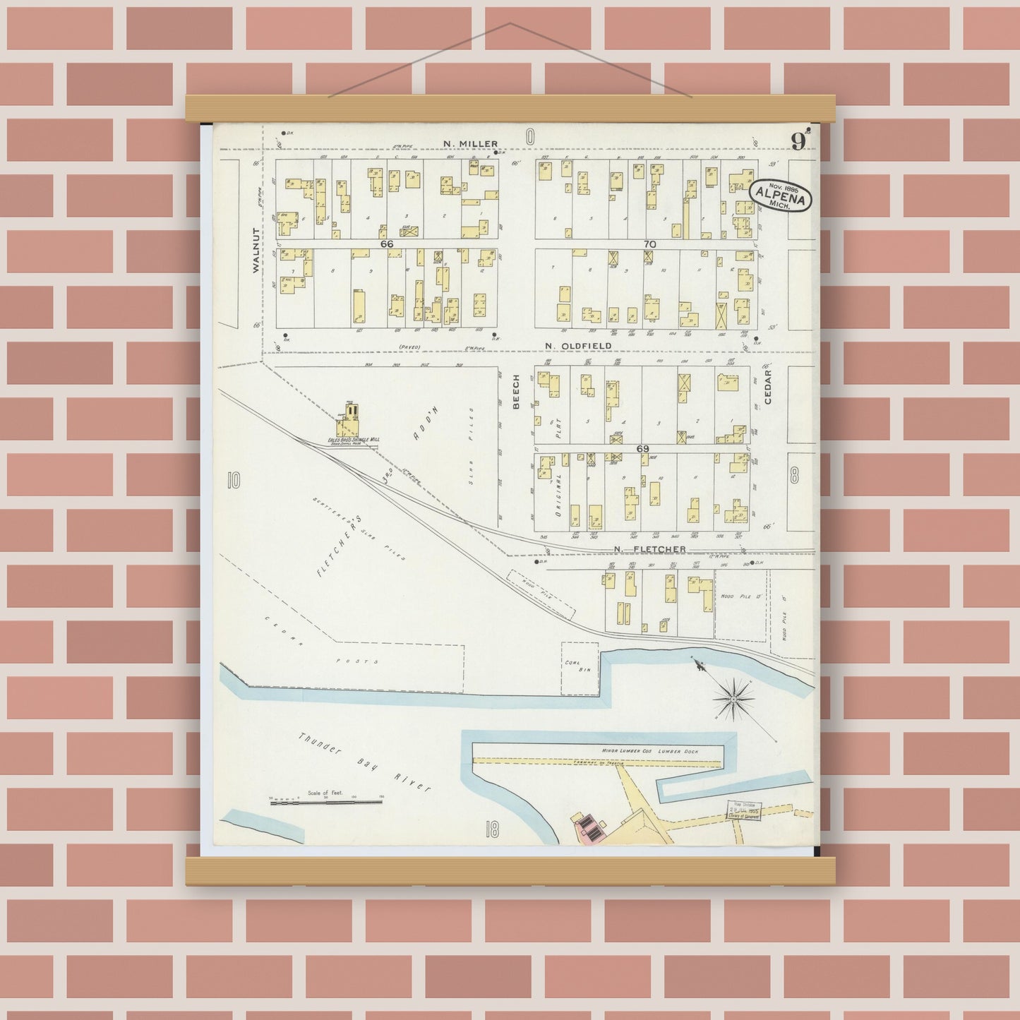 Old map wall art mockup — magnetic wood frame on brick wall — Sanborn Fire Insurance Map from Alpena, Alpena County, Michigan (1895), Sheet #0009