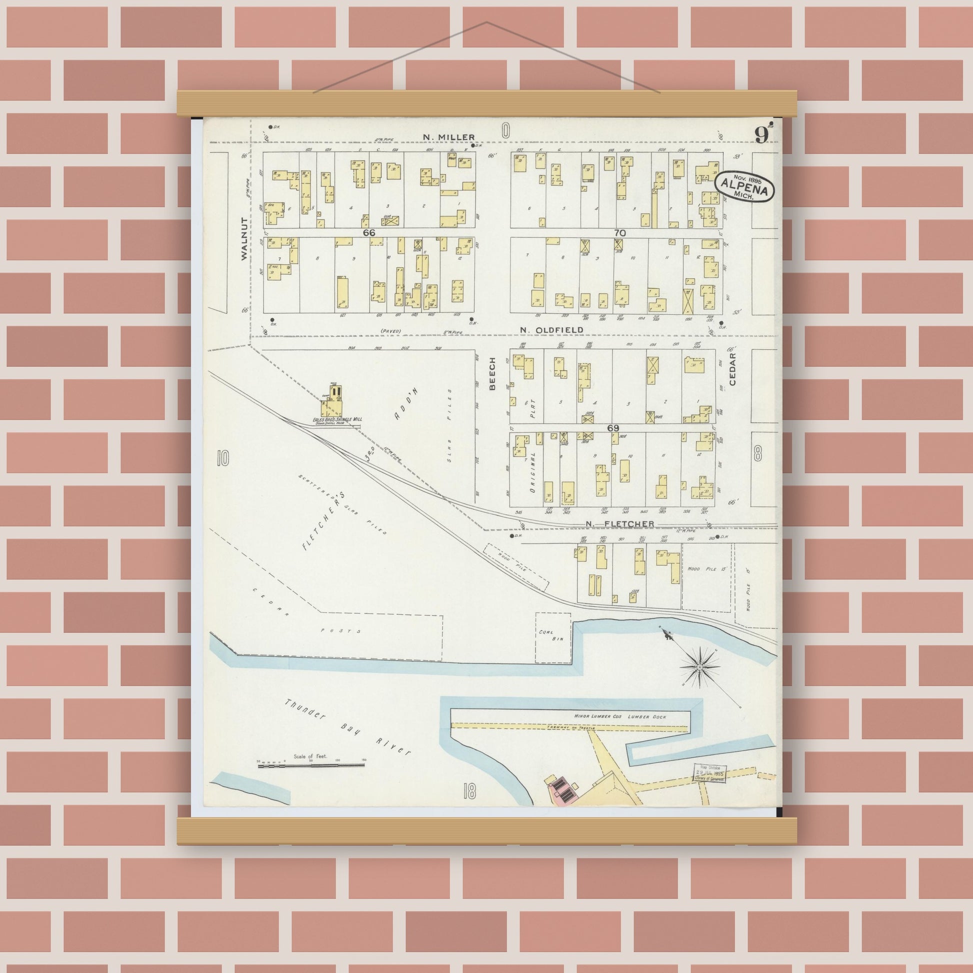 Old map wall art mockup — magnetic wood frame on brick wall — Sanborn Fire Insurance Map from Alpena, Alpena County, Michigan (1895), Sheet #0009