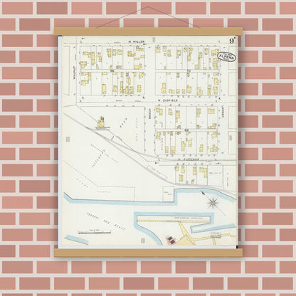 Old map wall art mockup — magnetic wood frame on brick wall — Sanborn Fire Insurance Map from Alpena, Alpena County, Michigan (1895), Sheet #0009
