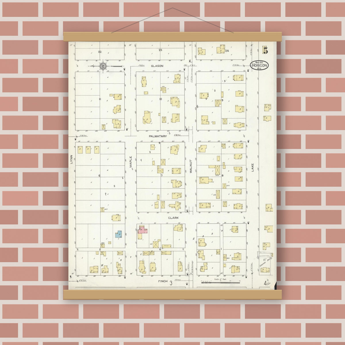 Old map wall art mockup — magnetic wood frame on brick wall — Sanborn Fire Insurance Map from Horicon, Dodge County, Wisconsin (1913), Sheet #0005