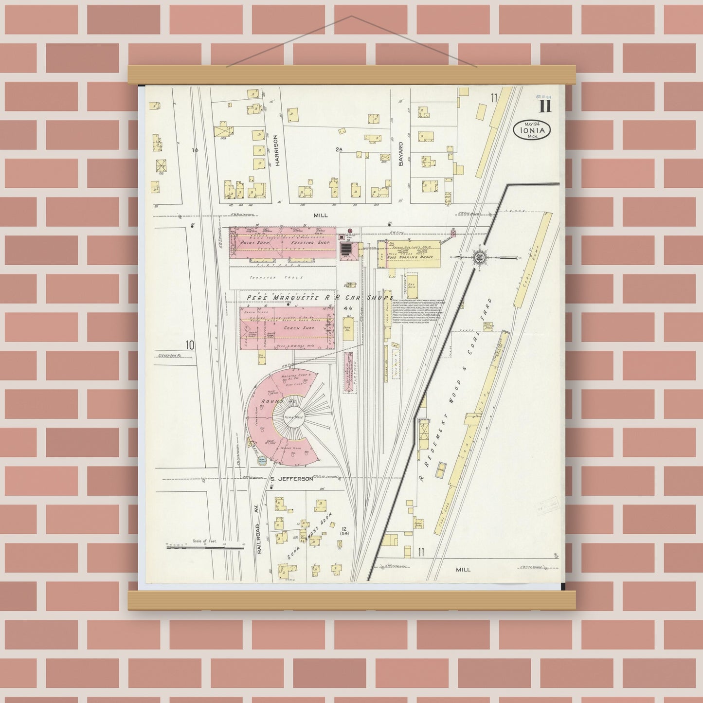 Old map wall art mockup — magnetic wood frame on brick wall — Sanborn Fire Insurance Map from Ionia, Ionia County, Michigan (1914), Sheet #0011