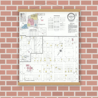 Old map wall art mockup — magnetic wood frame on brick wall — Sanborn Fire Insurance Map from Asherton, Dimmit County, Texas (1951), Sheet #0001