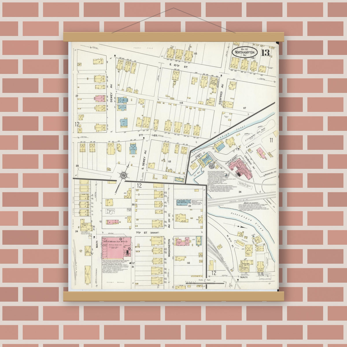 Old map wall art mockup — magnetic wood frame on brick wall — Sanborn Fire Insurance Map from Northampton, Northampton County, Pennsylvania (1911), Sheet #0013