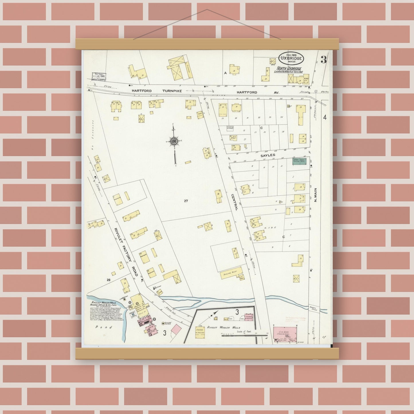 Old map wall art mockup — magnetic wood frame on brick wall — Sanborn Fire Insurance Map from Uxbridge, Worcester County, Massachusetts (1909), Sheet #0003