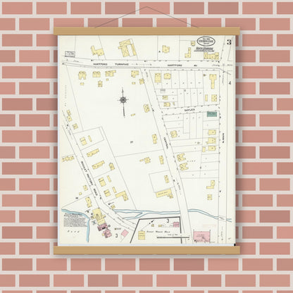 Old map wall art mockup — magnetic wood frame on brick wall — Sanborn Fire Insurance Map from Uxbridge, Worcester County, Massachusetts (1909), Sheet #0003