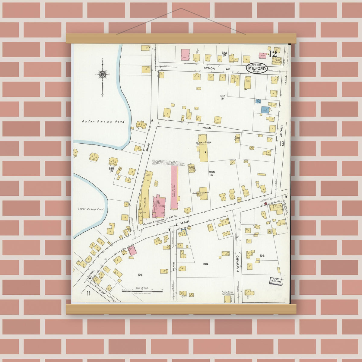 Old map wall art mockup — magnetic wood frame on brick wall — Sanborn Fire Insurance Map from Milford, Worcester County, Massachusetts (1920), Sheet #0012
