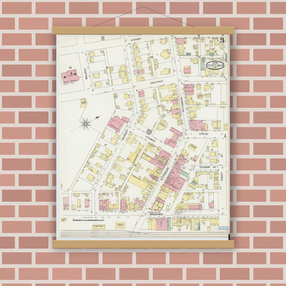 Old map wall art mockup — magnetic wood frame on brick wall — Sanborn Fire Insurance Map from Scottdale, Westmoreland County, Pennsylvania (1897), Sheet #0003