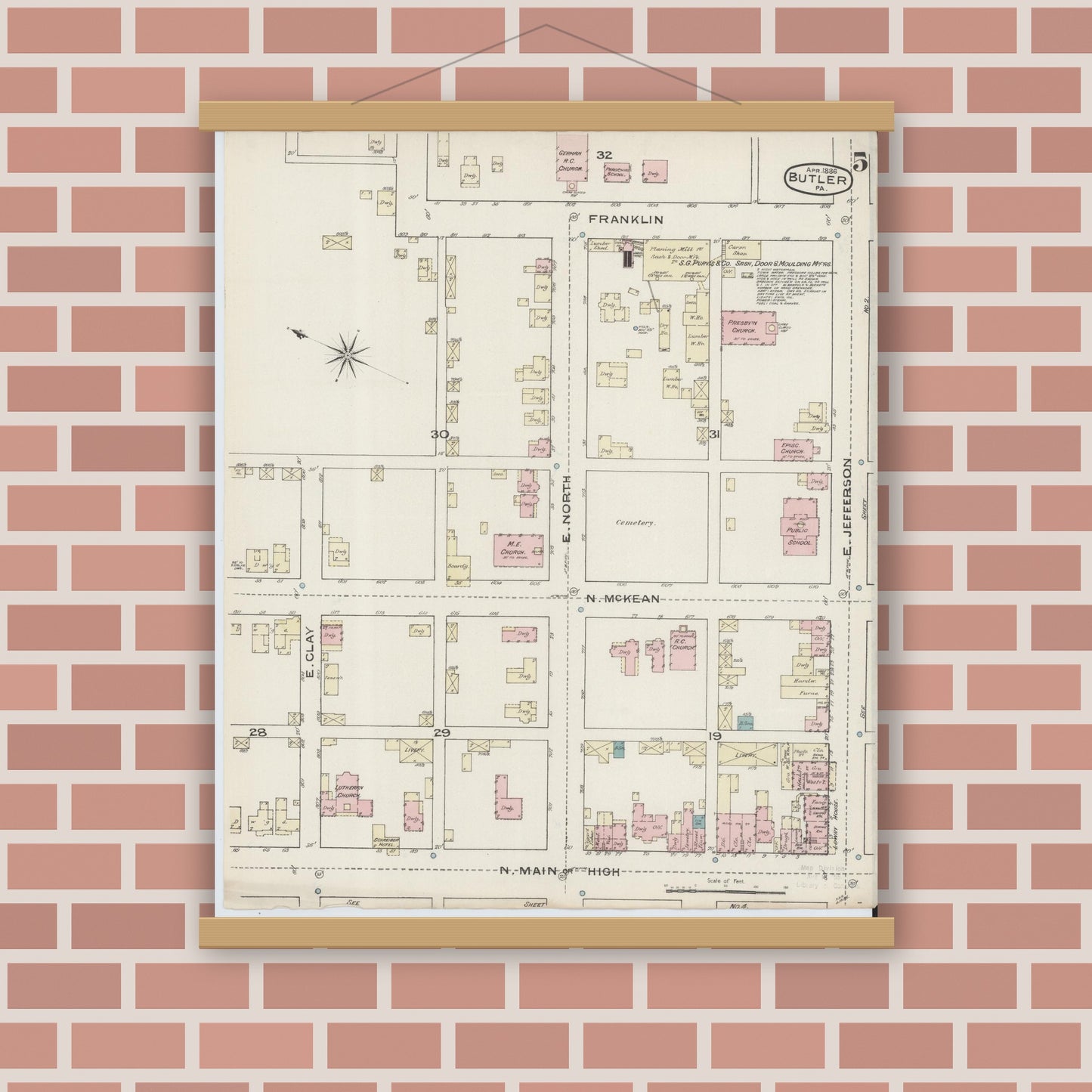 Old map wall art mockup — magnetic wood frame on brick wall — Sanborn Fire Insurance Map from Butler, Butler County, Pennsylvania (1886), Sheet #0005