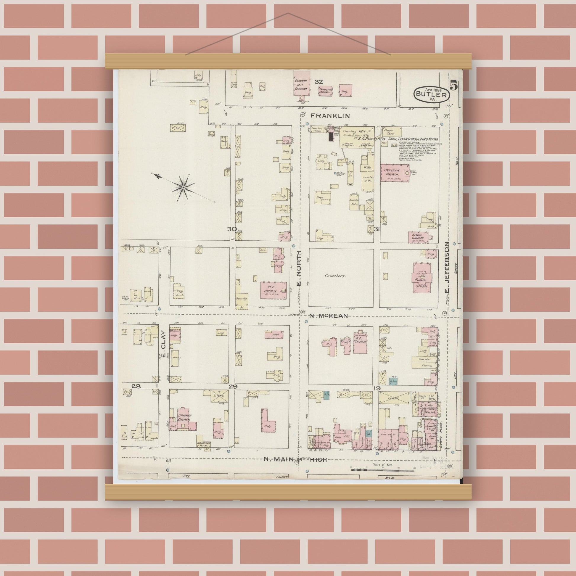 Old map wall art mockup — magnetic wood frame on brick wall — Sanborn Fire Insurance Map from Butler, Butler County, Pennsylvania (1886), Sheet #0005