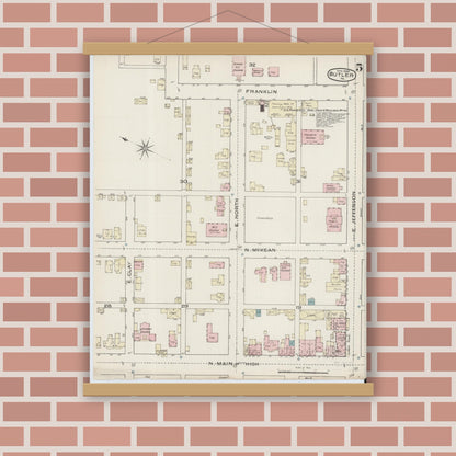 Old map wall art mockup — magnetic wood frame on brick wall — Sanborn Fire Insurance Map from Butler, Butler County, Pennsylvania (1886), Sheet #0005