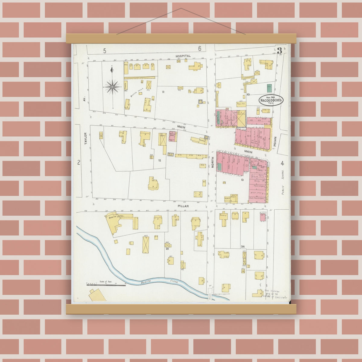 Old map wall art mockup — magnetic wood frame on brick wall — Sanborn Fire Insurance Map from Nacogdoches, Nacogdoches County, Texas (1906), Sheet #0003