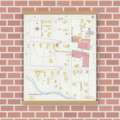 Old map wall art mockup — magnetic wood frame on brick wall — Sanborn Fire Insurance Map from Nacogdoches, Nacogdoches County, Texas (1906), Sheet #0003