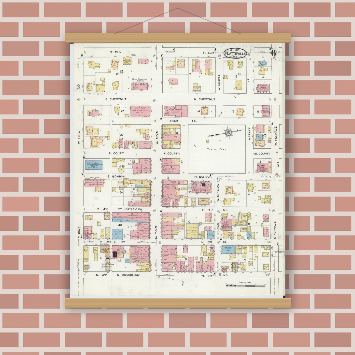 Old map wall art mockup — magnetic wood frame on brick wall — Sanborn Fire Insurance Map from Platteville, Grant County, Wisconsin (1915), Sheet #0006