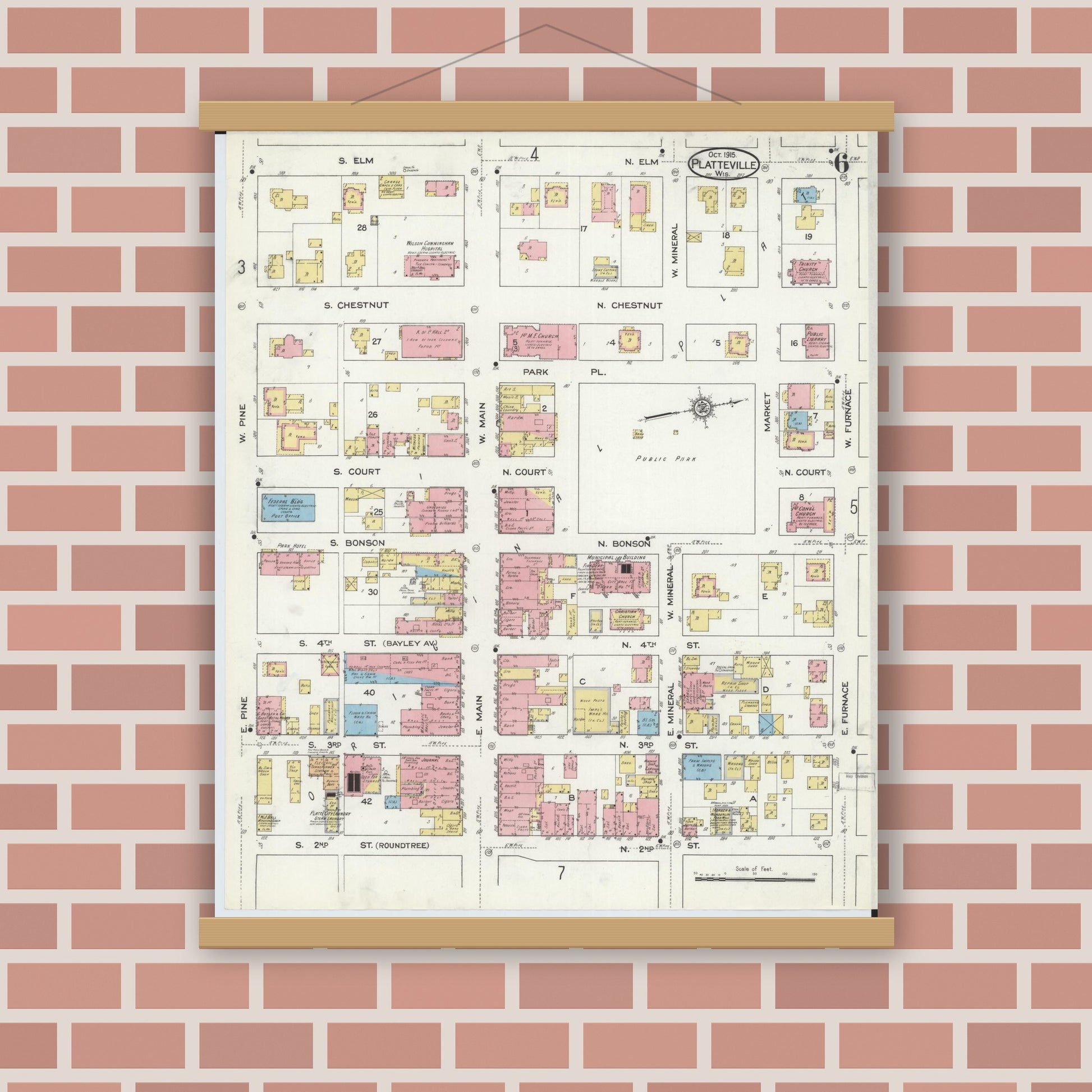 Old map wall art mockup — magnetic wood frame on brick wall — Sanborn Fire Insurance Map from Platteville, Grant County, Wisconsin (1915), Sheet #0006