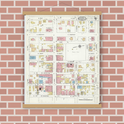 Old map wall art mockup — magnetic wood frame on brick wall — Sanborn Fire Insurance Map from Platteville, Grant County, Wisconsin (1915), Sheet #0006