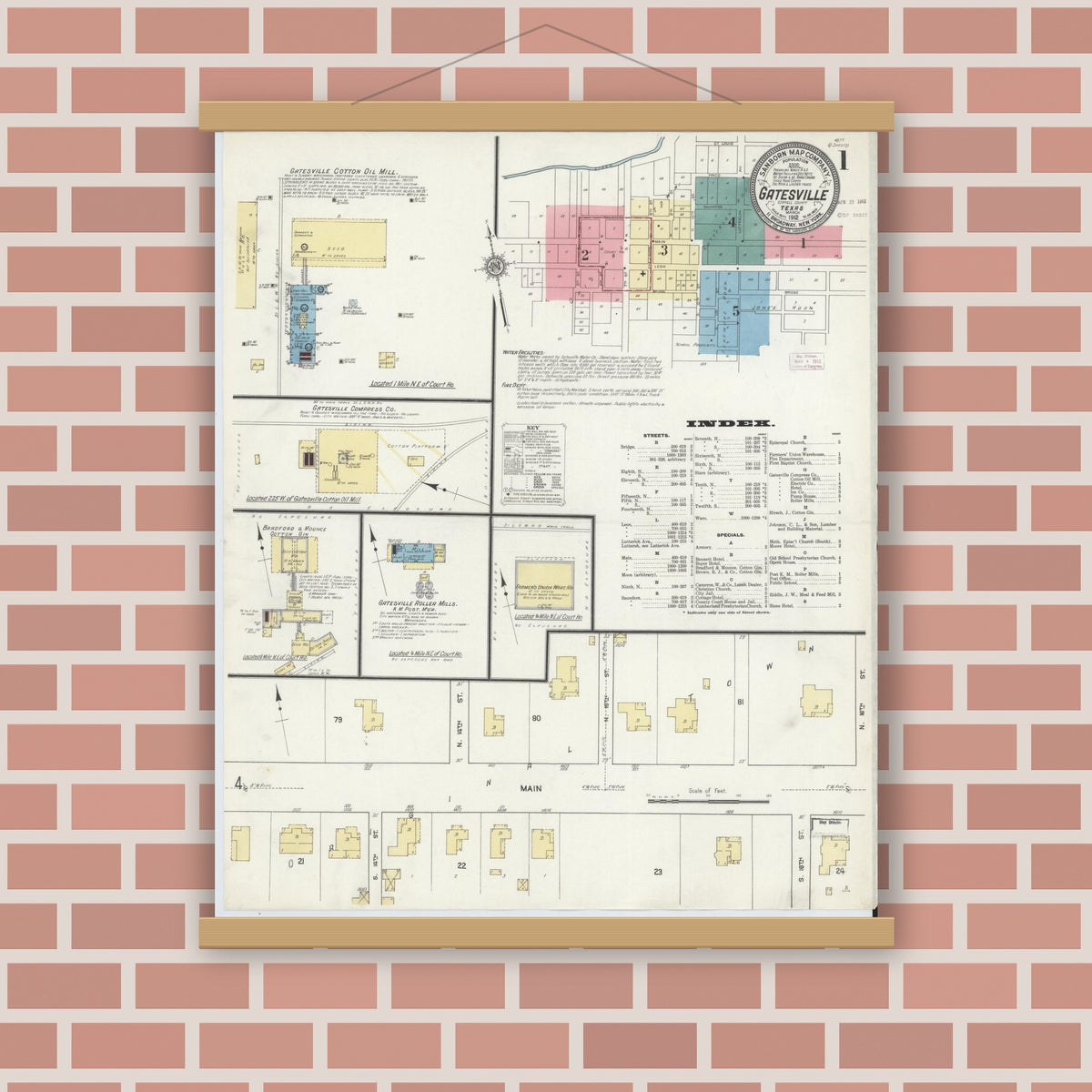 Old map wall art mockup — magnetic wood frame on brick wall — Sanborn Fire Insurance Map from Gatesville, Coryell County, Texas (1912) - Complete Map Set