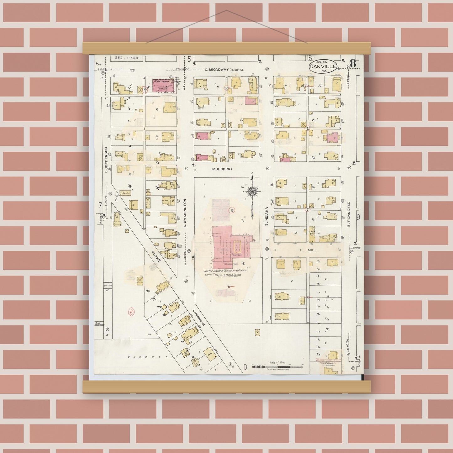 Old map wall art mockup — magnetic wood frame on brick wall — Sanborn Fire Insurance Map from Danville, Hendricks County, Indiana (1932), Sheet #0008