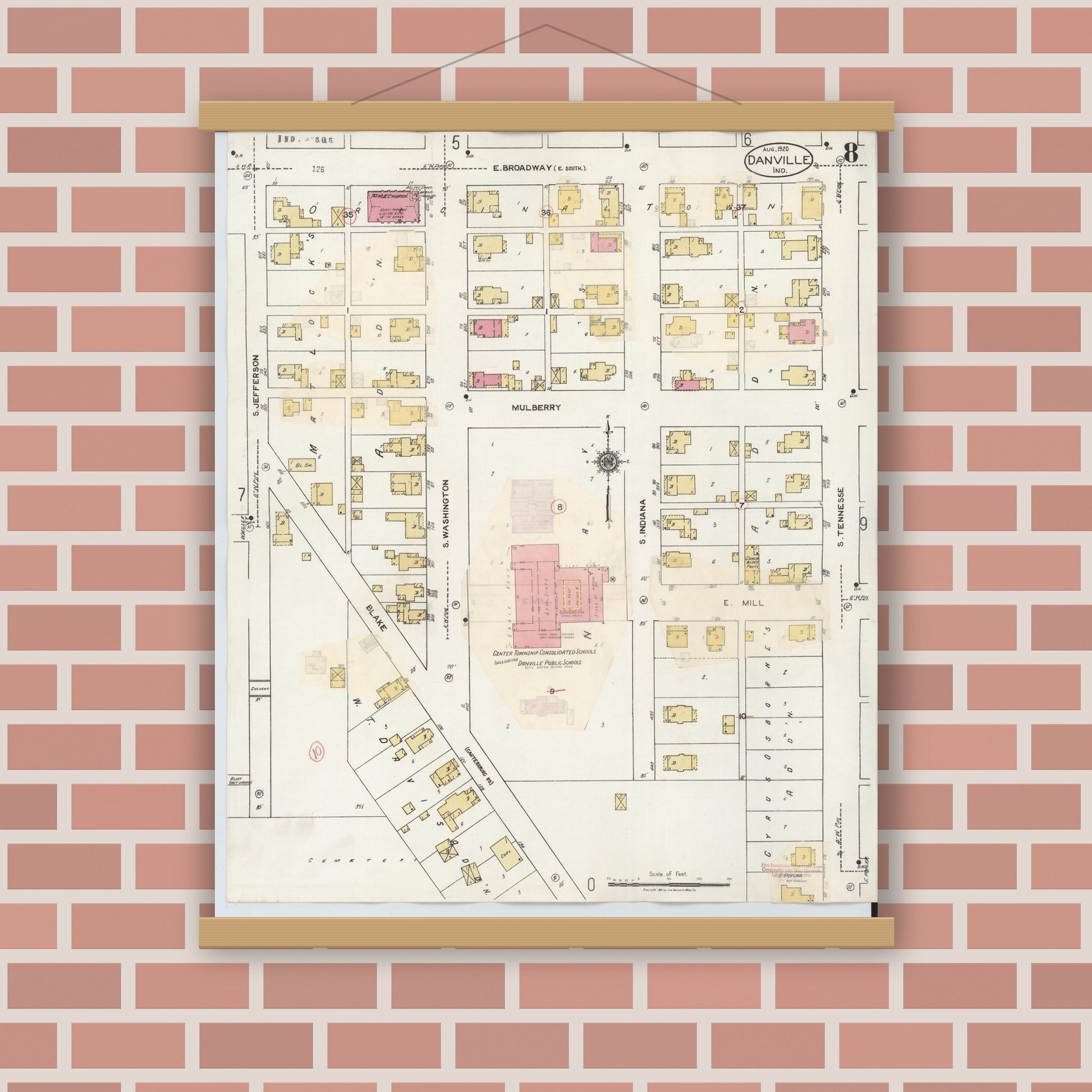 Old map wall art mockup — magnetic wood frame on brick wall — Sanborn Fire Insurance Map from Danville, Hendricks County, Indiana (1932), Sheet #0008