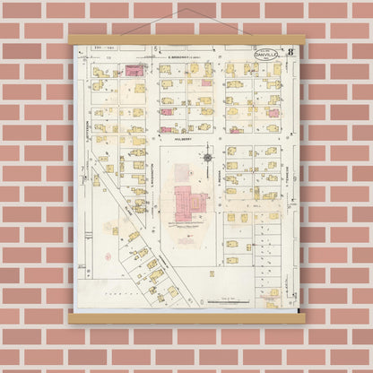 Old map wall art mockup — magnetic wood frame on brick wall — Sanborn Fire Insurance Map from Danville, Hendricks County, Indiana (1932), Sheet #0008
