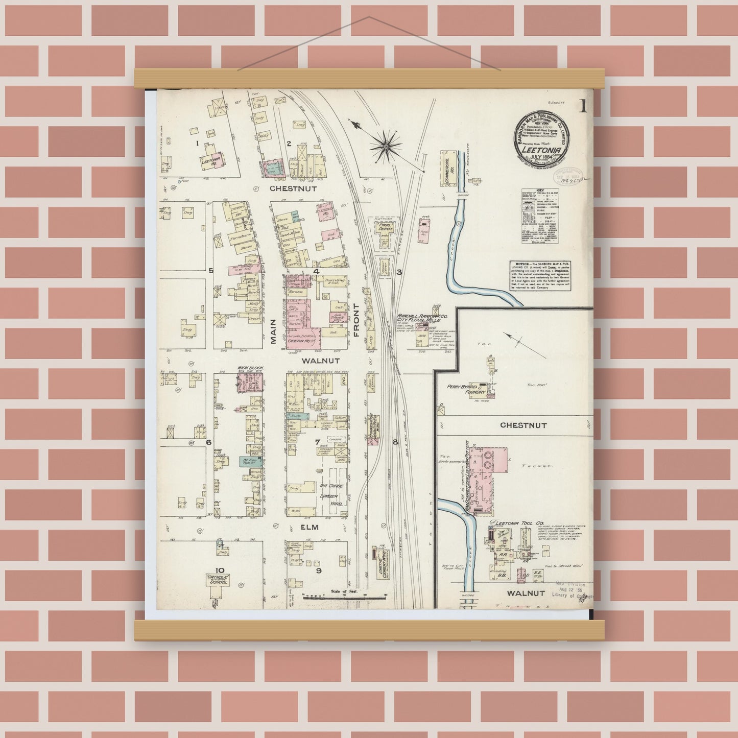 Old map wall art mockup — magnetic wood frame on brick wall — Sanborn Fire Insurance Map from Leetonia, Columbiana County, Ohio (1884) - Complete Map Set