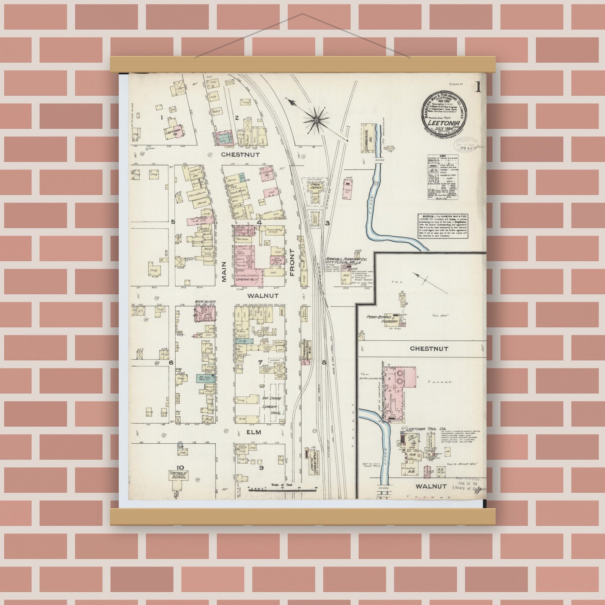 Old map wall art mockup — magnetic wood frame on brick wall — Sanborn Fire Insurance Map from Leetonia, Columbiana County, Ohio (1884) - Complete Map Set