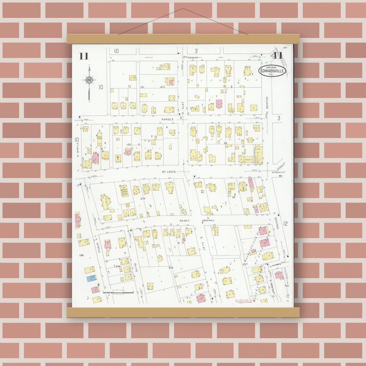 Old map wall art mockup — magnetic wood frame on brick wall — Sanborn Fire Insurance Map from Edwardsville, Madison County, Illinois (1930), Sheet #0011