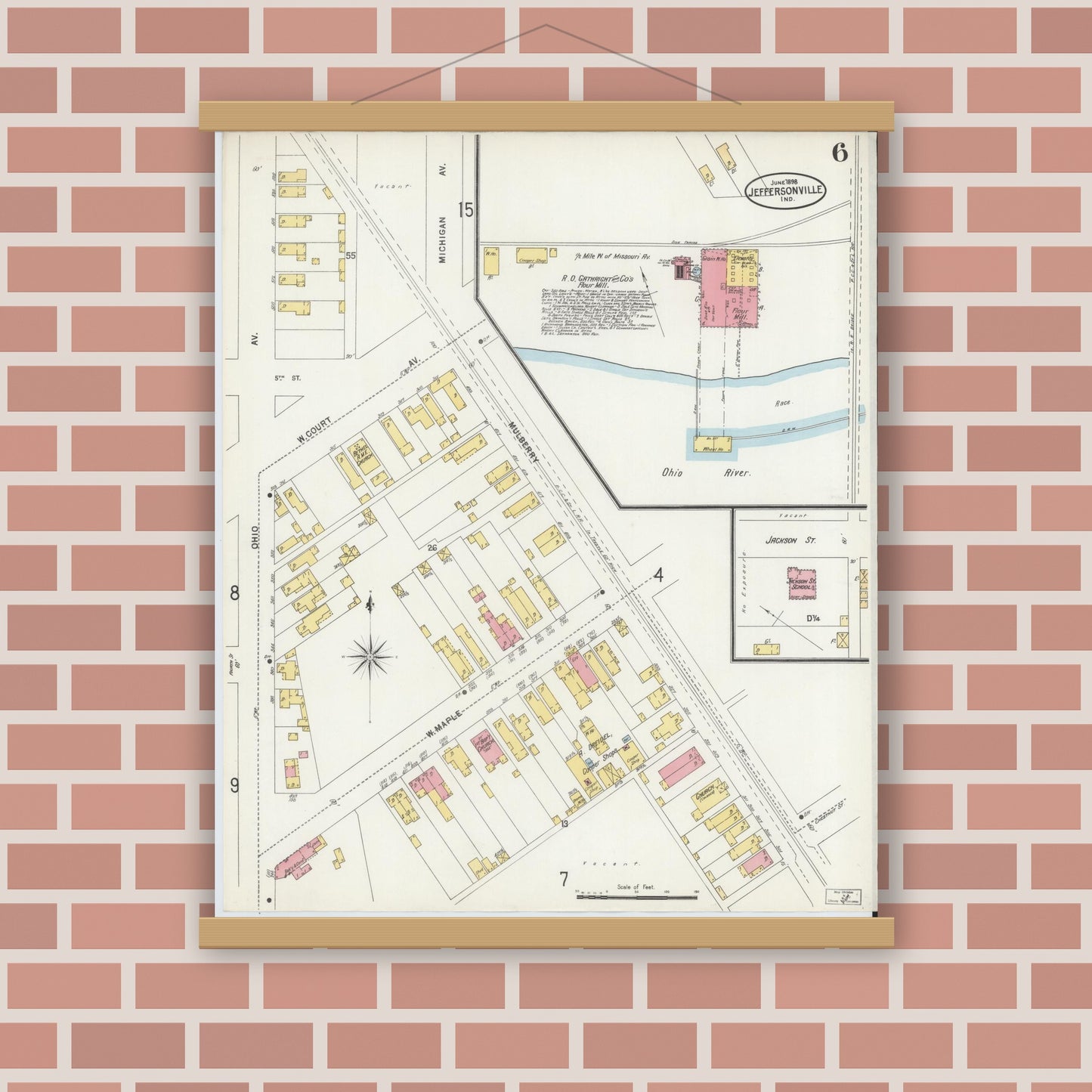 Old map wall art mockup — magnetic wood frame on brick wall — Sanborn Fire Insurance Map from Jeffersonville, Clark County, Indiana (1898), Sheet #0006