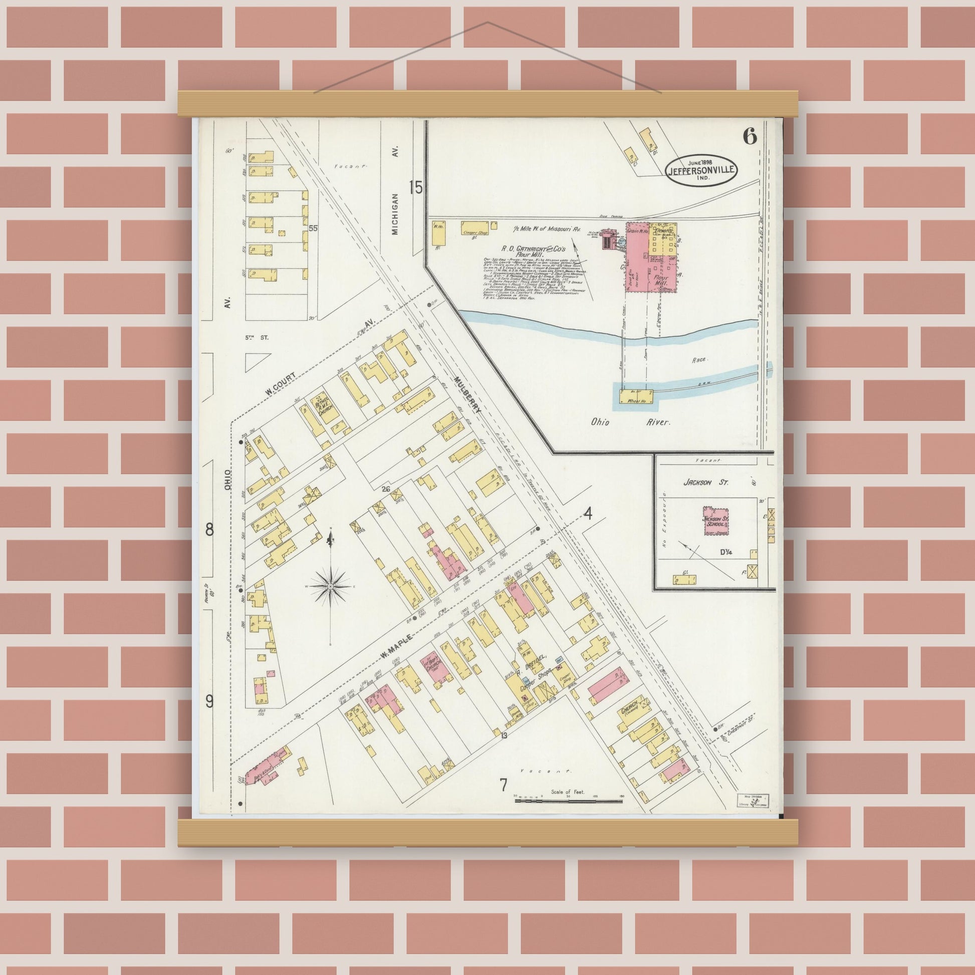 Old map wall art mockup — magnetic wood frame on brick wall — Sanborn Fire Insurance Map from Jeffersonville, Clark County, Indiana (1898), Sheet #0006