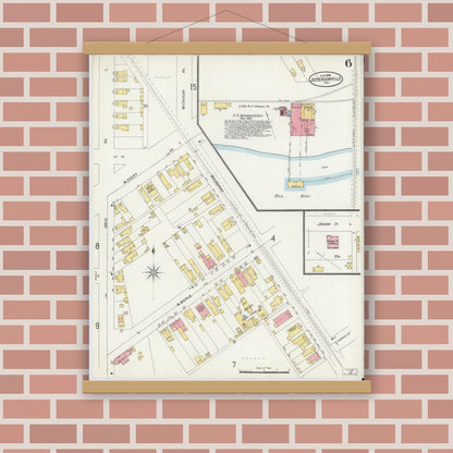 Old map wall art mockup — magnetic wood frame on brick wall — Sanborn Fire Insurance Map from Jeffersonville, Clark County, Indiana (1898), Sheet #0006