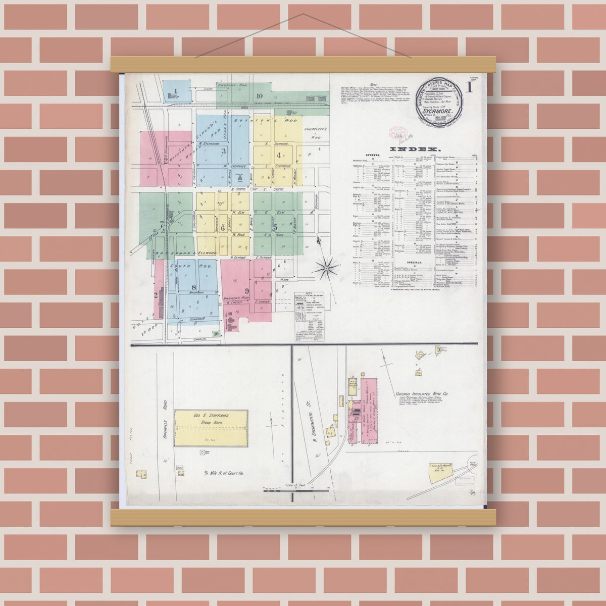 Old map wall art mockup — magnetic wood frame on brick wall — Sanborn Fire Insurance Map from Sycamore, De Kalb County, Illinois (1896) - Complete Map Set