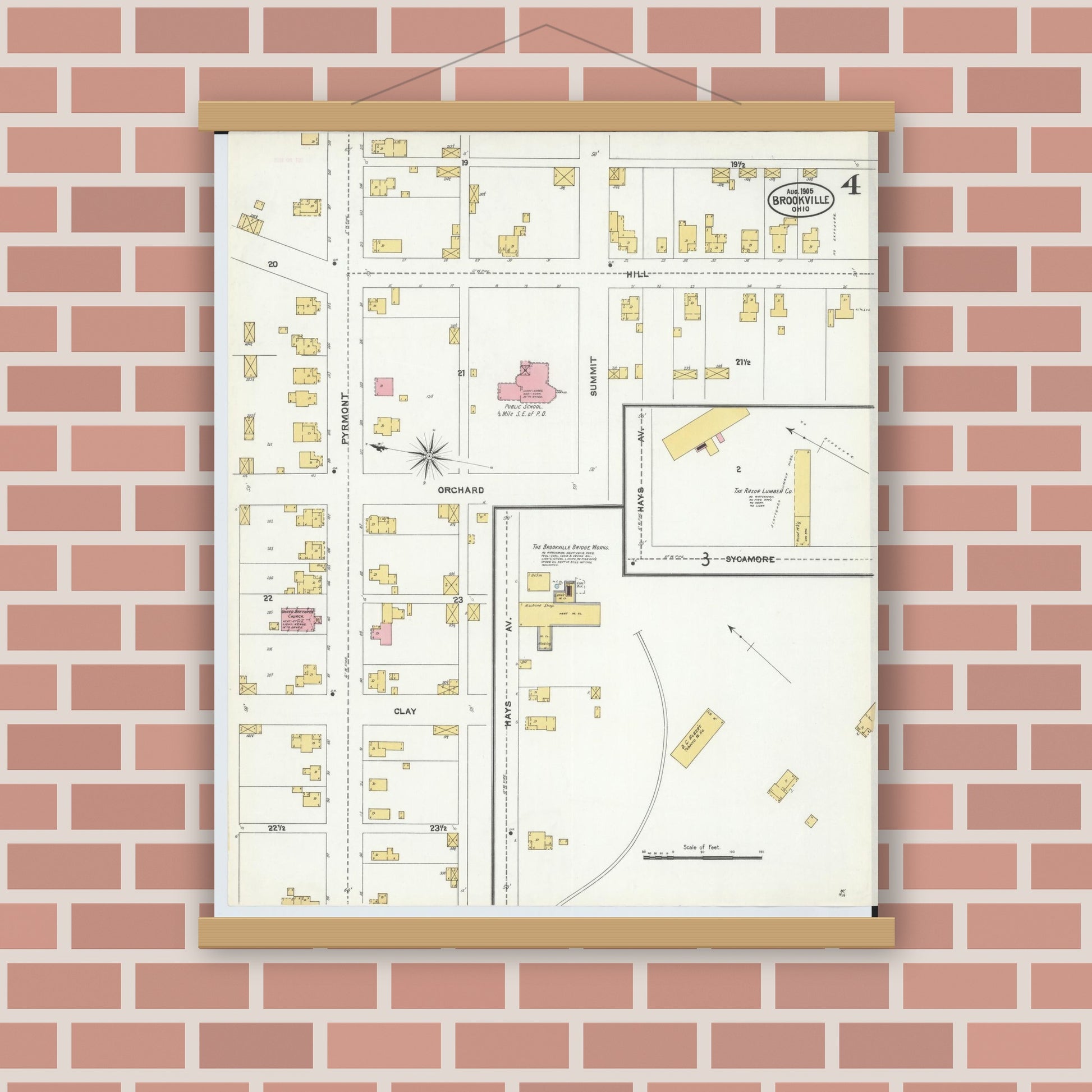 Old map wall art mockup — magnetic wood frame on brick wall — Sanborn Fire Insurance Map from Brookville, Montgomery County, Ohio (1905), Sheet #0004