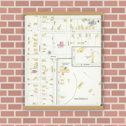 Old map wall art mockup — magnetic wood frame on brick wall — Sanborn Fire Insurance Map from Brookville, Montgomery County, Ohio (1905), Sheet #0004