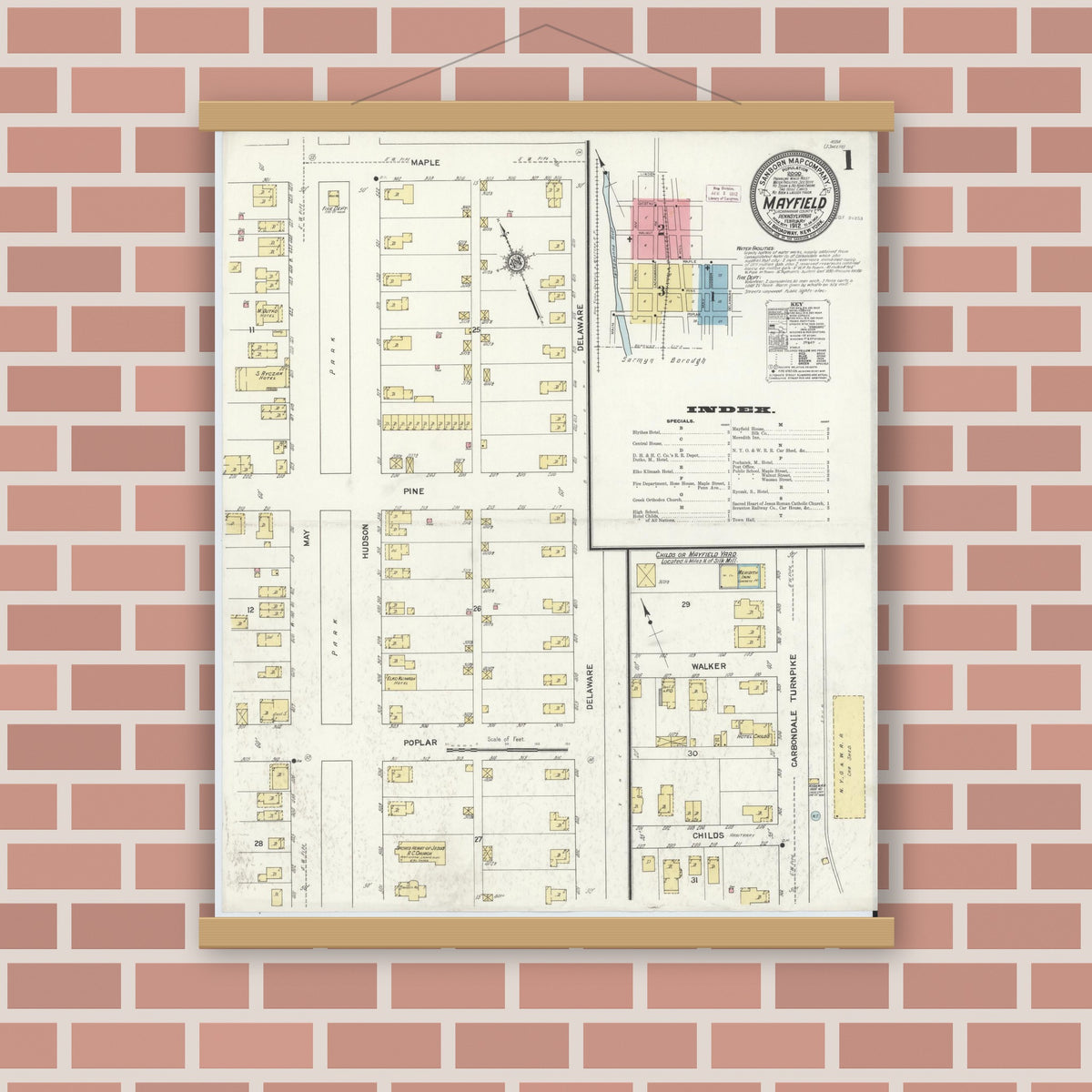 Old map wall art mockup — magnetic wood frame on brick wall — Sanborn Fire Insurance Map from Mayfield, Lackawanna County, Pennsylvania (1912) - Complete Map Set