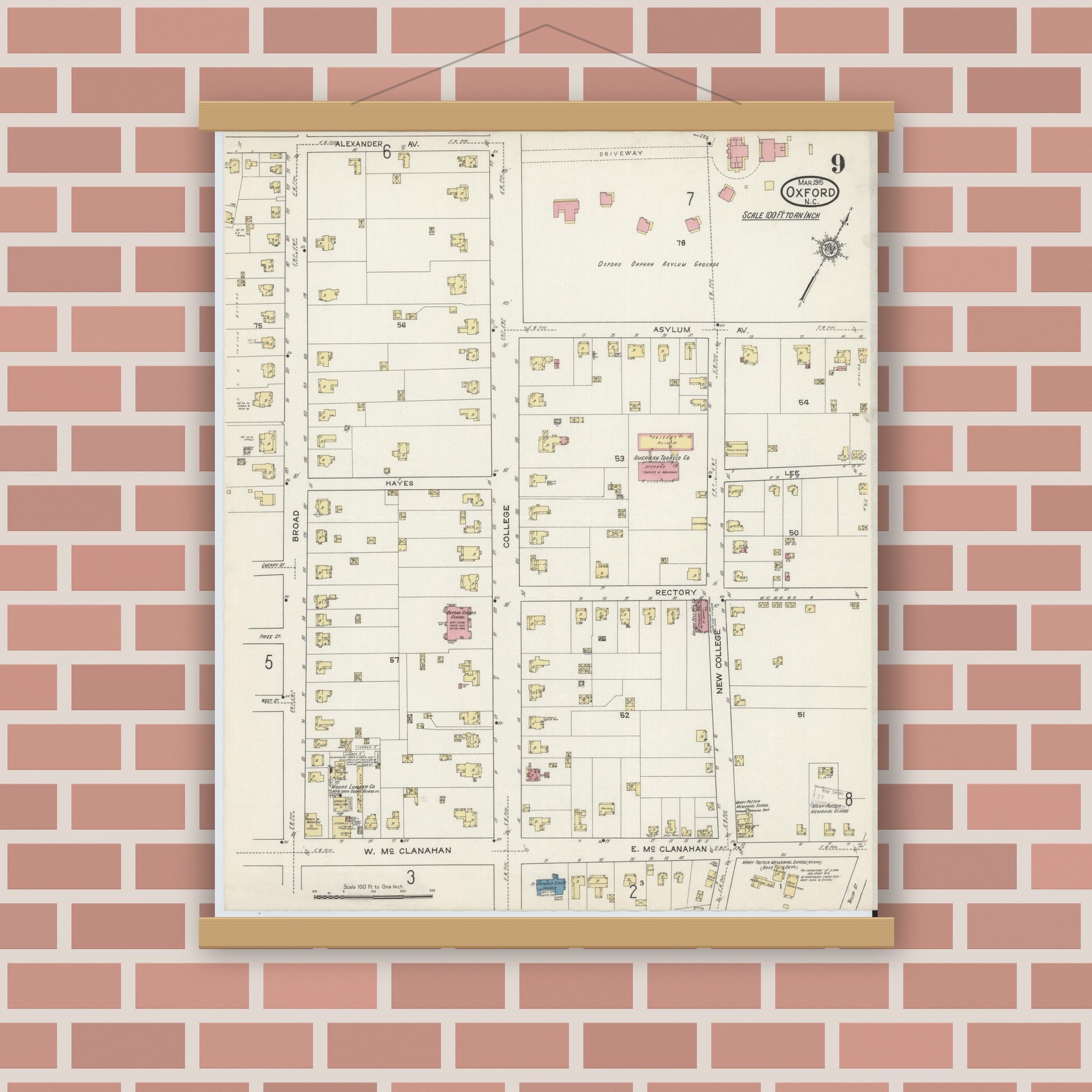 Old map wall art mockup — magnetic wood frame on brick wall — Sanborn Fire Insurance Map from Oxford, Granville County, North Carolina (1915), Sheet #0009