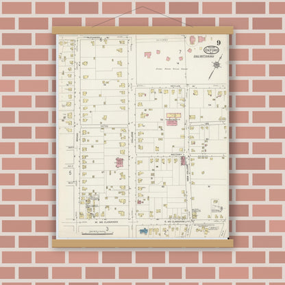 Old map wall art mockup — magnetic wood frame on brick wall — Sanborn Fire Insurance Map from Oxford, Granville County, North Carolina (1915), Sheet #0009