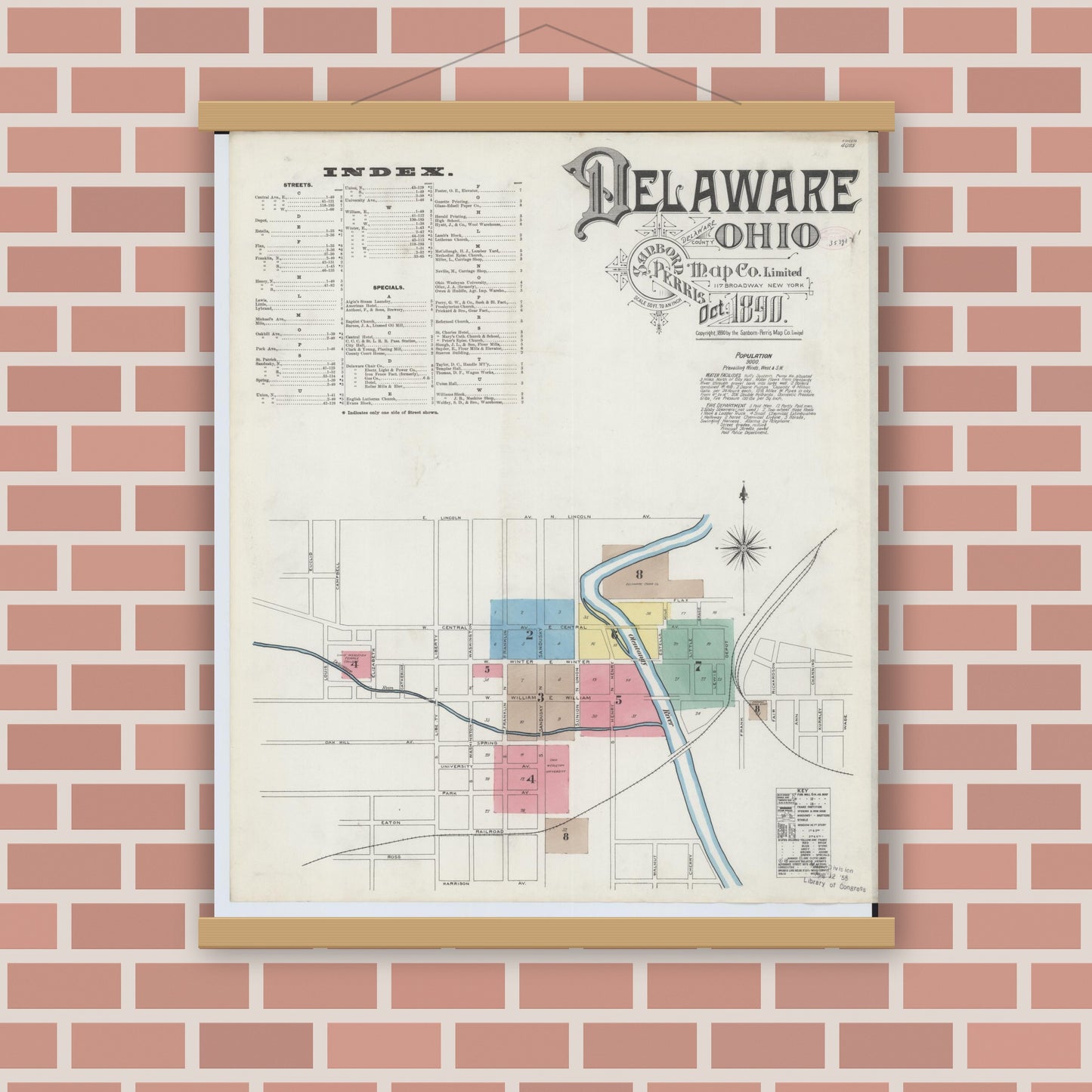 Old map wall art mockup — magnetic wood frame on brick wall — Sanborn Fire Insurance Map from Delaware, Delaware County, Ohio (1890) - Complete Map Set