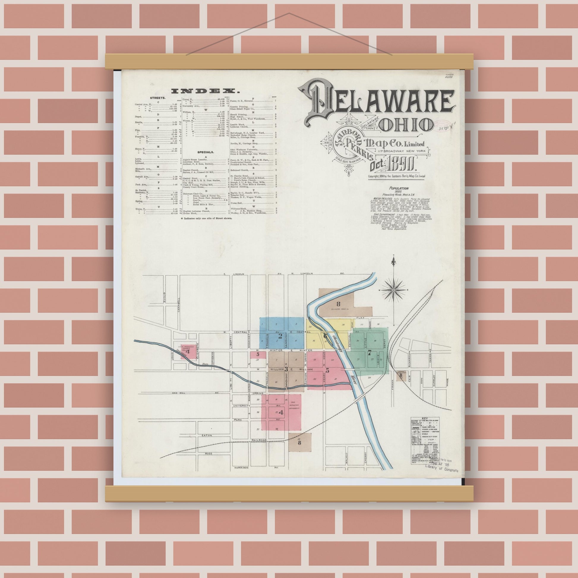Old map wall art mockup — magnetic wood frame on brick wall — Sanborn Fire Insurance Map from Delaware, Delaware County, Ohio (1890) - Complete Map Set
