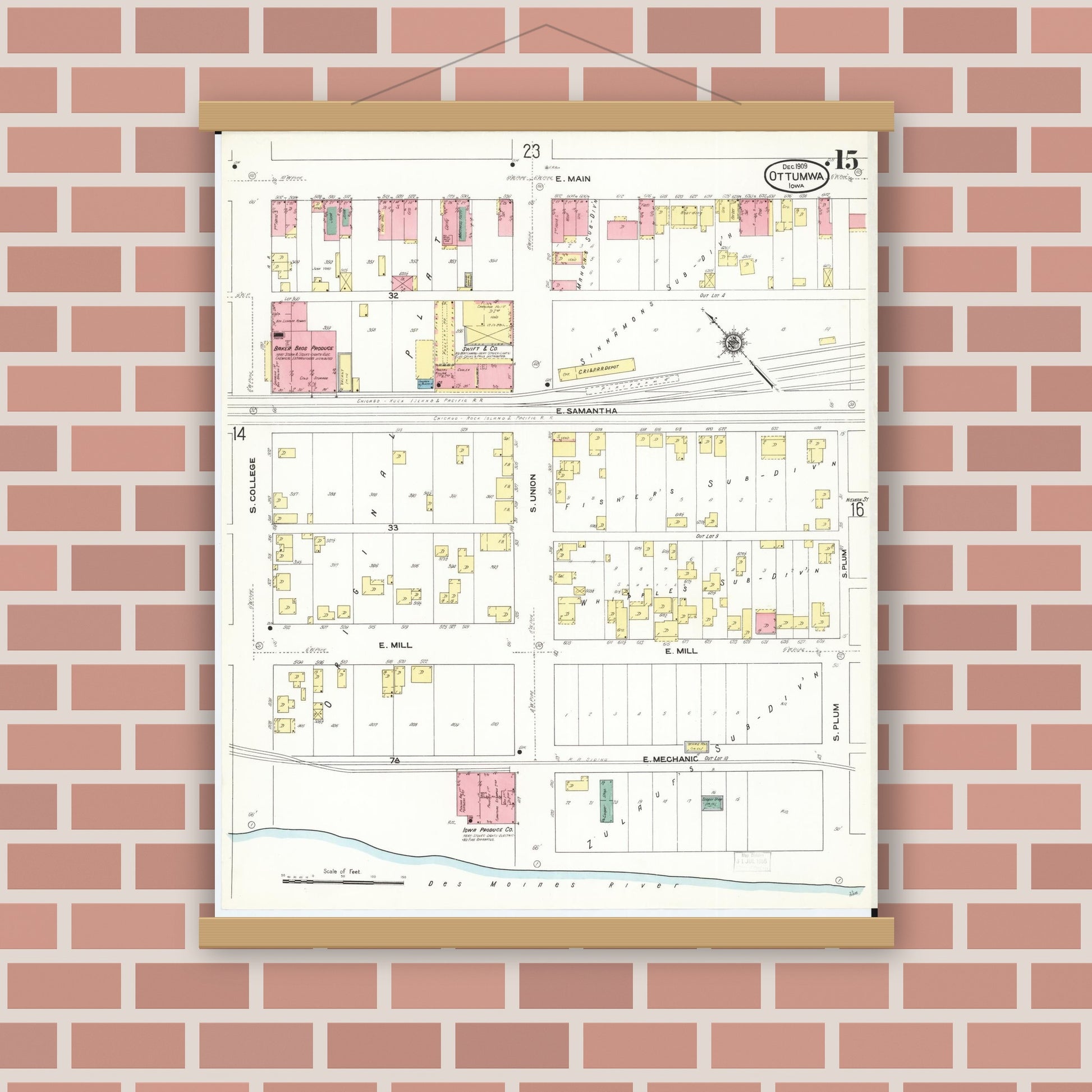 Old map wall art mockup — magnetic wood frame on brick wall — Sanborn Fire Insurance Map from Ottumwa, Wapello County, Iowa (1909), Sheet #0015