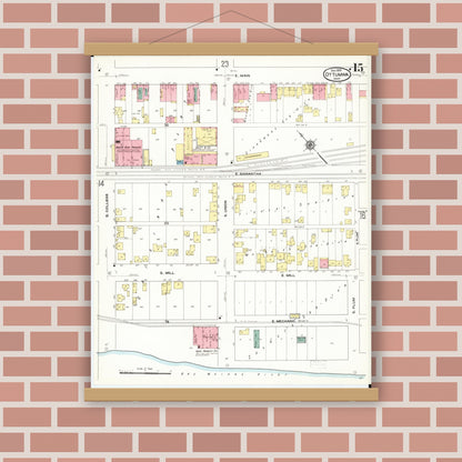 Old map wall art mockup — magnetic wood frame on brick wall — Sanborn Fire Insurance Map from Ottumwa, Wapello County, Iowa (1909), Sheet #0015