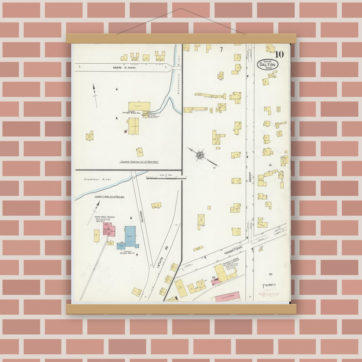 Old map wall art mockup — magnetic wood frame on brick wall — Sanborn Fire Insurance Map from Dalton, Berkshire County, Massachusetts (1911), Sheet #0010