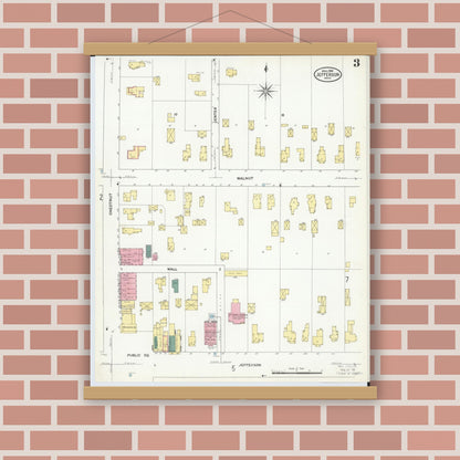 Old map wall art mockup — magnetic wood frame on brick wall — Sanborn Fire Insurance Map from Jefferson, Ashtabula County, Ohio (1909), Sheet #0003