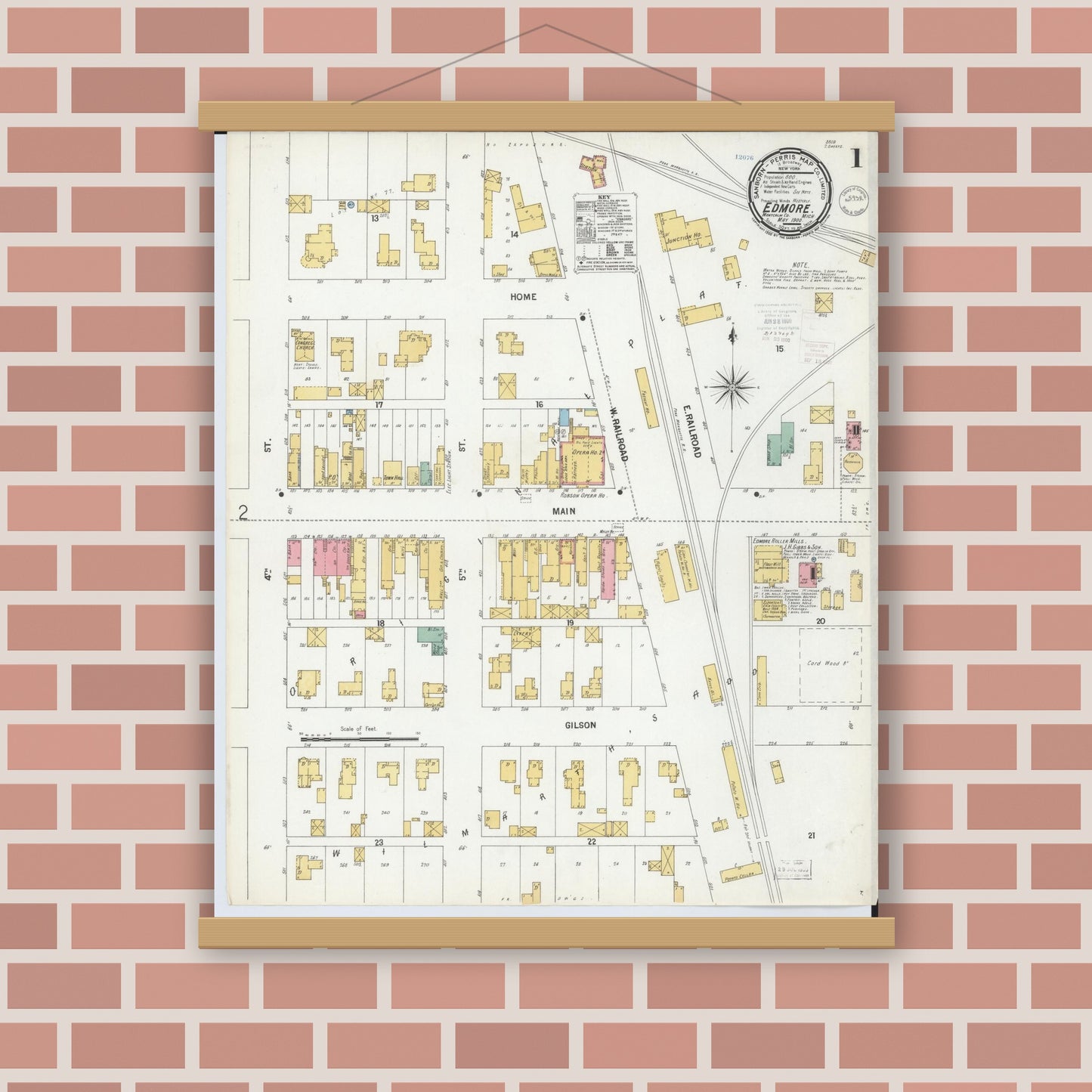 Old map wall art mockup — magnetic wood frame on brick wall — Sanborn Fire Insurance Map from Edmore, Montcalm County, Michigan (1900) - Complete Map Set