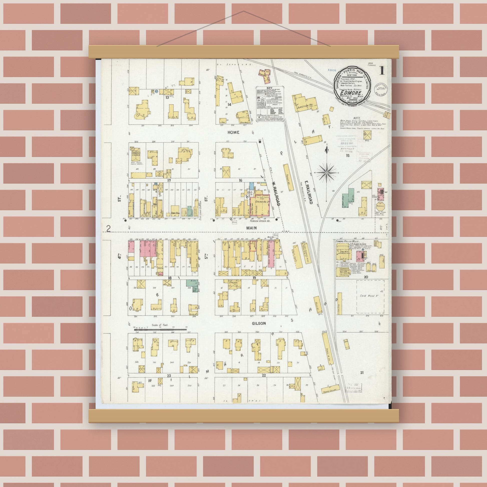 Old map wall art mockup — magnetic wood frame on brick wall — Sanborn Fire Insurance Map from Edmore, Montcalm County, Michigan (1900) - Complete Map Set