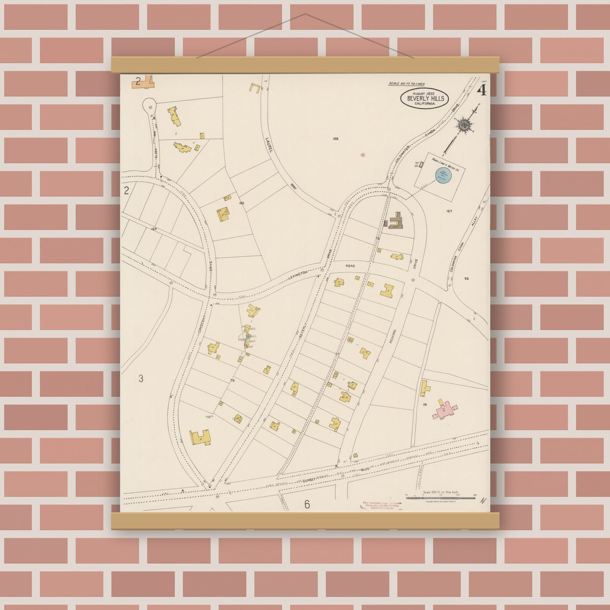 Old map wall art mockup — magnetic wood frame on brick wall — Sanborn Fire Insurance Map from Beverly Hills, Los Angeles County, California (1922), Sheet #0004