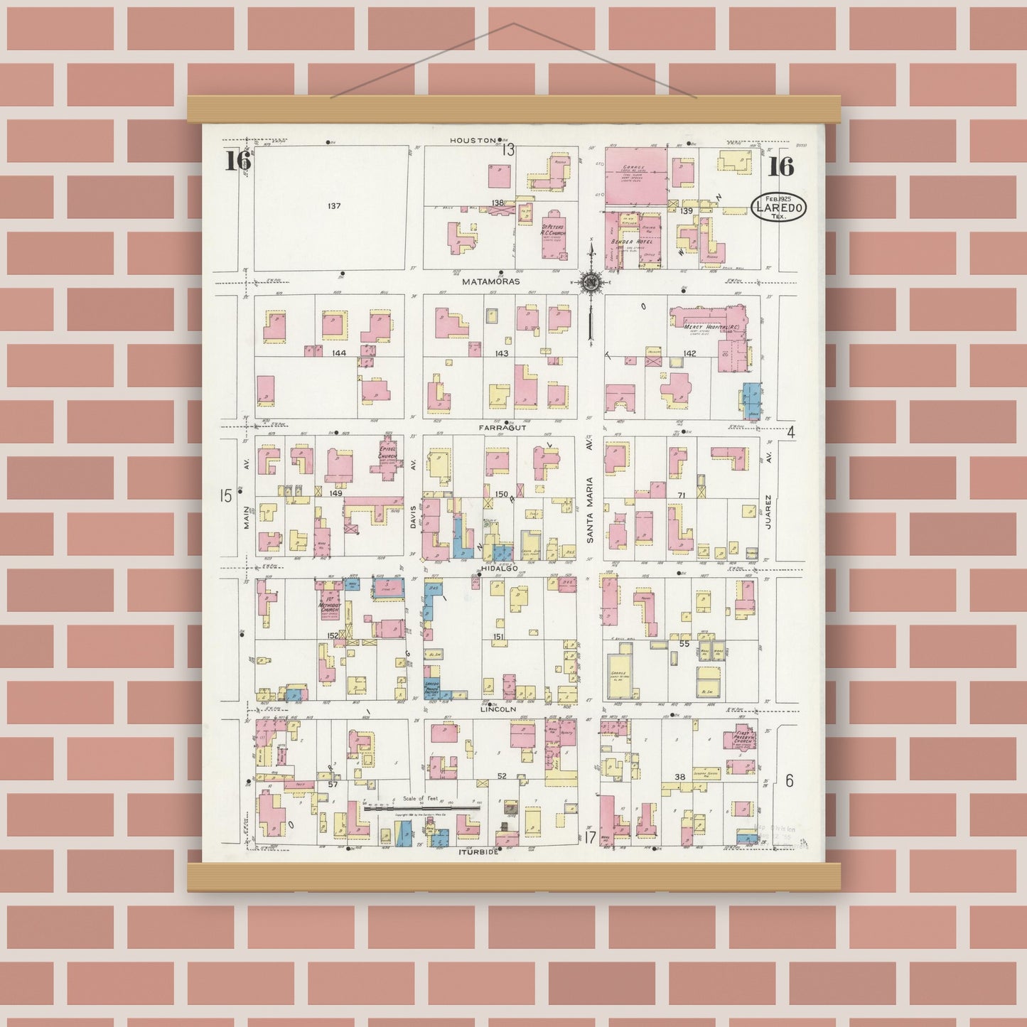 Old map wall art mockup — magnetic wood frame on brick wall — Sanborn Fire Insurance Map from Laredo, Webb County, Texas (1925), Sheet #0016