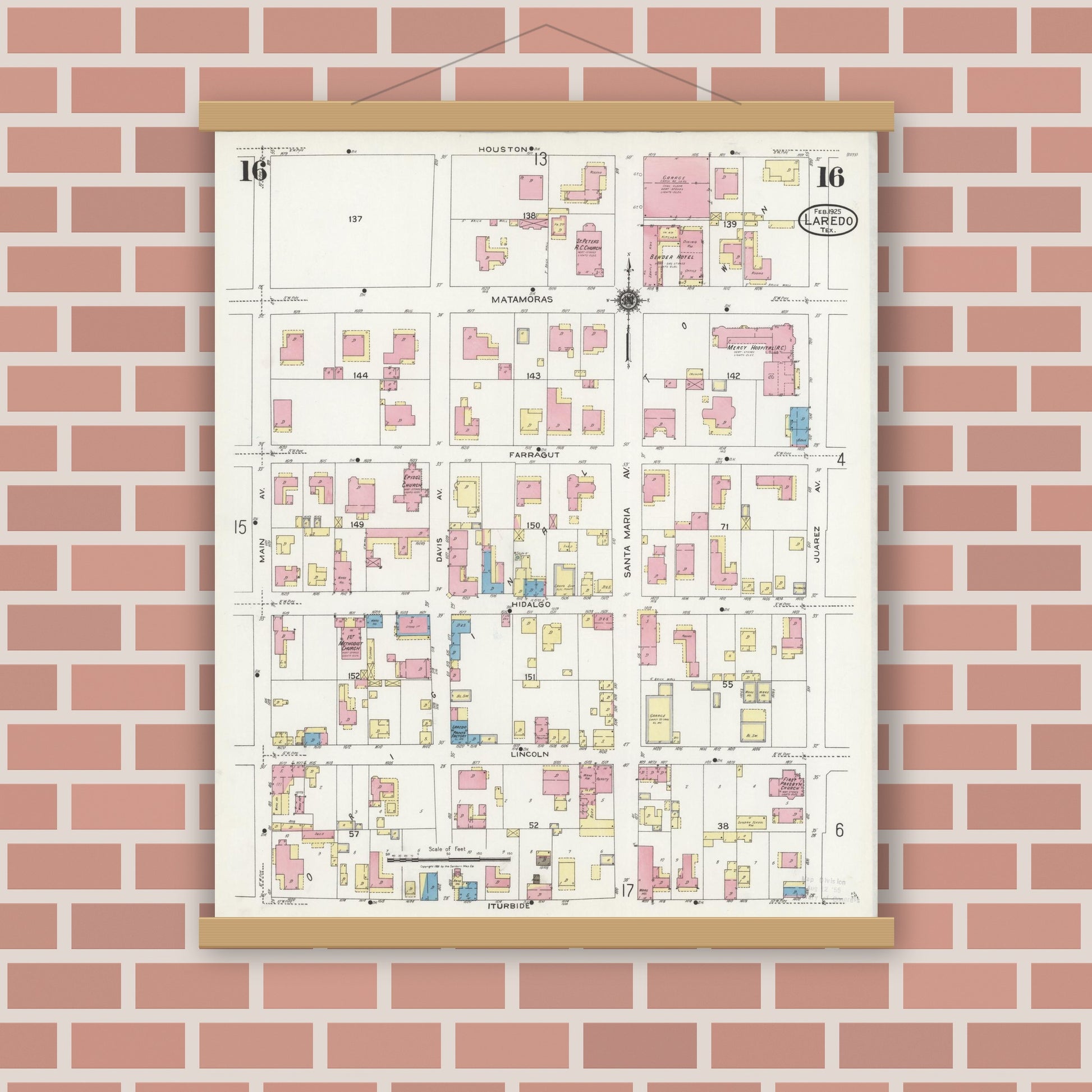Old map wall art mockup — magnetic wood frame on brick wall — Sanborn Fire Insurance Map from Laredo, Webb County, Texas (1925), Sheet #0016
